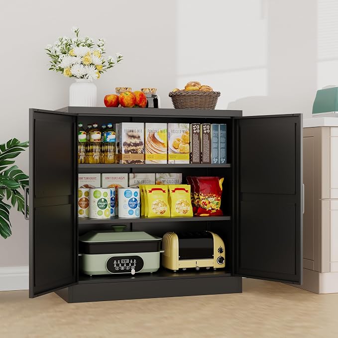 Metal Storage Cabinet with Doors & Adjustable Shelves, 36" Tall Farmhouse Pantry Cabinet, Small Sideboard for Kitchen, Dining, Living & Laundry Room, Black