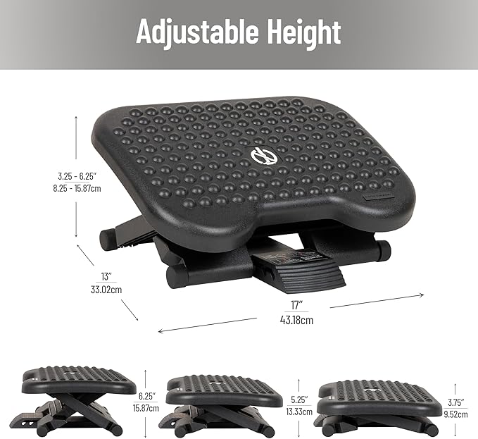 Mind Reader Foot Rest, Under Desk at Work, Ergonomic, Height Adjustable, Office, Plastic, Black
