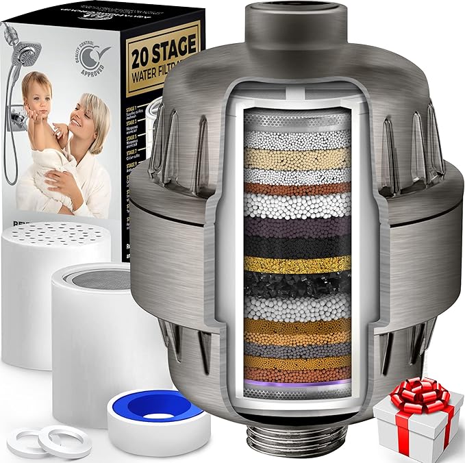 AquaHomeGroup 20 Stage Shower Filter with Vitamin C E and A - Reduces Chlorine, Heavy Metals and Sediment - 2 Cartridges Included - Consistent Flow - Brushed Nickel