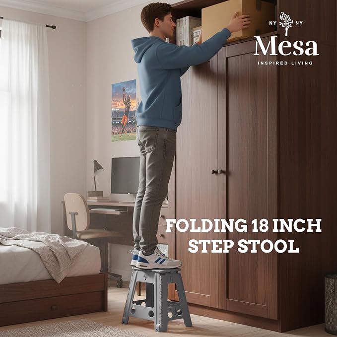 Inspired Living 18" Step Stool, Folding Step Stools for Adults, Plastic Foldable Step Stools Kids, Holds Up to 330 lbs, Collapsible Folding Stool for Kitchen, Bathroom, Bedroom (Grey Black, 18" High)
