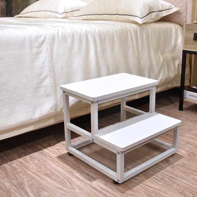SZLHANJZ Nursery Step Stool, Wooden and Metal Foot Stool for Adult Kid, Steps for High Beds with Round Corners, Small Stepping Stool for Bedroom Kitchen, Load 500 LB, White