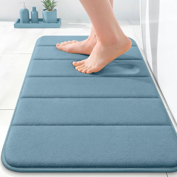 OLANLY Memory Foam Bath Mat 24x16, Super Soft Absorbent Bathroom Rugs, Quick Dry, Machine Washable Shower Floor Rugs, Bathmat Carpet, Bathroom Home Decor Accessories, Airy Blue
