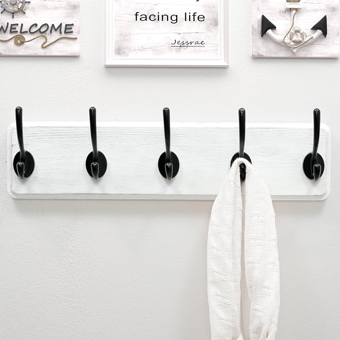 Dseap Coat Rack Wall: Patented, Heavy-Duty, 5-Double-Hooks Wooden Wall Mounted Coat Rack Coat Hanger Hook Rail for Winter Coats Hat Jacket Clothing, White & Black, Pack of 2