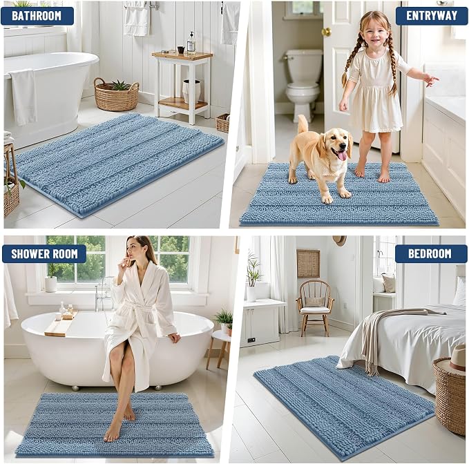 Grandaily Chenille Striped Bathroom Rugs 47x17, Extra Thick and Soft Absorbent Bath Mats, Rubber Backing, Plush Shaggy Shower Carpet, Machine Wash Dry, Bath Rug for Bathroom, Airy Blue