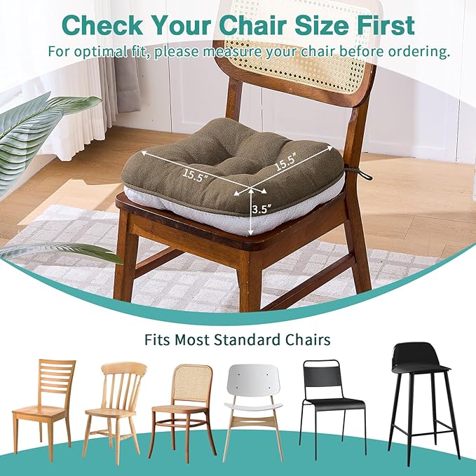 BETU Chair Cushions for Dining Chairs Set of 4,3.5" Thick Kitchen Table Chair Pads with Ties,Non Slip Backing and Covers, Seat Cushion for Dining Room,Bar,Patio Chairs,15.5"X15.5"X3.5",Brown
