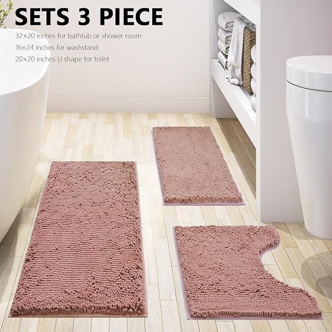 Bathroom Rugs Chenille 3-Piece Extra Soft and Absorbent Shag Bathroom Rugs, Machine Wash Mat, Strong PVC Non-Slip Underside, Plush Carpet Mats (Deep Pink)