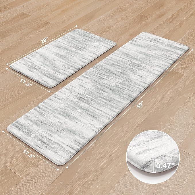 KIMODE Kitchen Mats Cushioned Anti Fatigue, Abstract Grey Farmhouse Kitchen Rugs Sets of 2, Non Slip Kitchen Mats for Floor, Padded Kitchen Floor Mat for Sink Laundry Desk 17"x59"+17"x29"