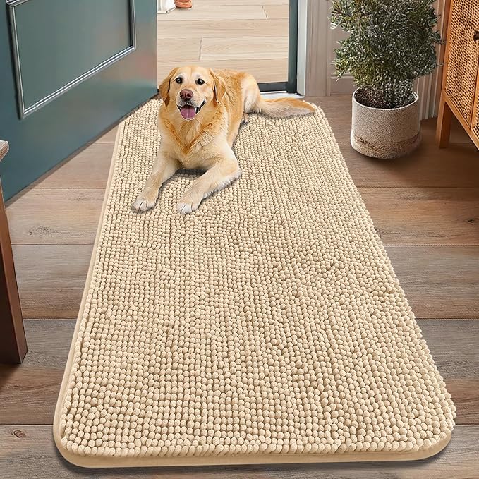 Smiry Dog Door Mat for Muddy Paws 48x30, Absorbent Dirt Trapper, Non-Slip Washable Chenille Entryway Rug for Inside Floor, Beige, Classic Solid