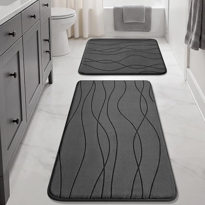 YIHOUSE Memory Foam Bathroom Rug Sets, Dark Grey, 17x24 & 20x32, 2 Piece | Ultra Soft, Absorbent, Non-Slip, Machine Washable