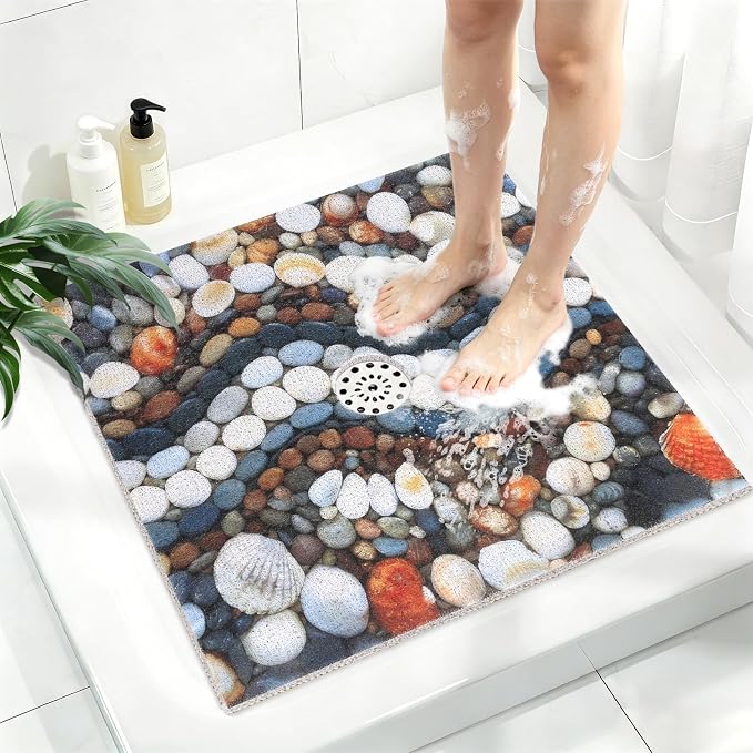 Square Shower Mat, Yonala 27 x 27 Inch Stylish Non Slip Shower Mats for Inside Shower with Central Drain Hole, Soft Trimmable PVC Loofah Anti Slip Shower Mat for Walk in Shower Stall, Quick Drying