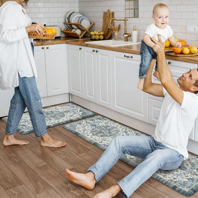 KIMODE Anti Fatigue Kitchen Mats, 17"x47"+17"x29" Boho Vintage Kitchen Rugs Sets of 2, Non Slip Kitchen Mats for Floor, Cushioned Kitchen Floor Mats for Sink Laundry Office Desk Blue Multi