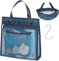 F-color Mesh Shower Caddy Portable Hanging - 3 Pockets Small Shower Bag Tote for Camping, Gym, Travel, Toiletry, Quick Dry Bathroom Essentials with S Hook, Navy Blue