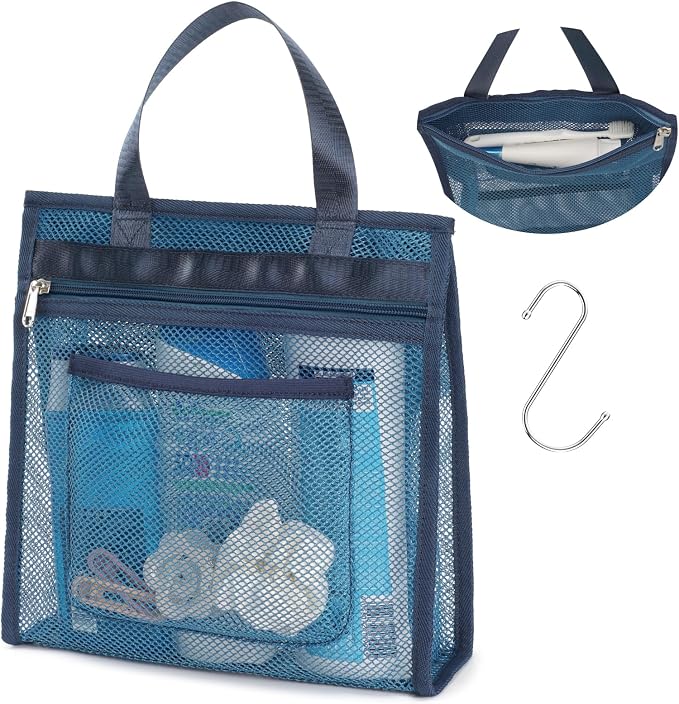 F-color Mesh Shower Caddy Portable Hanging - 3 Pockets Small Shower Bag Tote for Camping, Gym, Travel, Toiletry, Quick Dry Bathroom Essentials with S Hook, Navy Blue