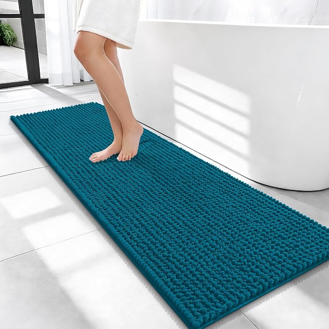 OLANLY Thick Bathroom Runner Rugs 47x17, Extra Soft Absorbent Chenille Bath Rugs, Rubber Backing, Machine Wash Dry, Long Bath Mats for Bathroom, Tub and Shower, Home Decor Accessories, Peacock Blue