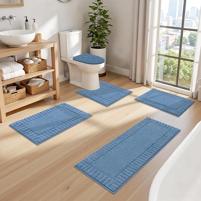 Pauwer Bathroom Rugs Set 5 Piece Non Slip Washable Bath Mat Set with U Shaped Contour Toilet Rugs Plush Absorbent Microfiber Shower Mat and Toilet Lid Cover for Bathroom, Blue