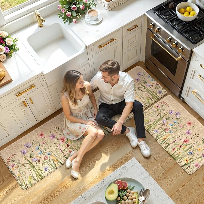 KIMODE Kitchen Anti Fatigue Mats, Farmhouse Flower Kitchen Rugs Sets of 2, Memory Foam Kitchen Mats for Floor, Waterproof Non Skid Standing Mats for Sink Laundry Office Desk Brown 20"x71"+20"x32"
