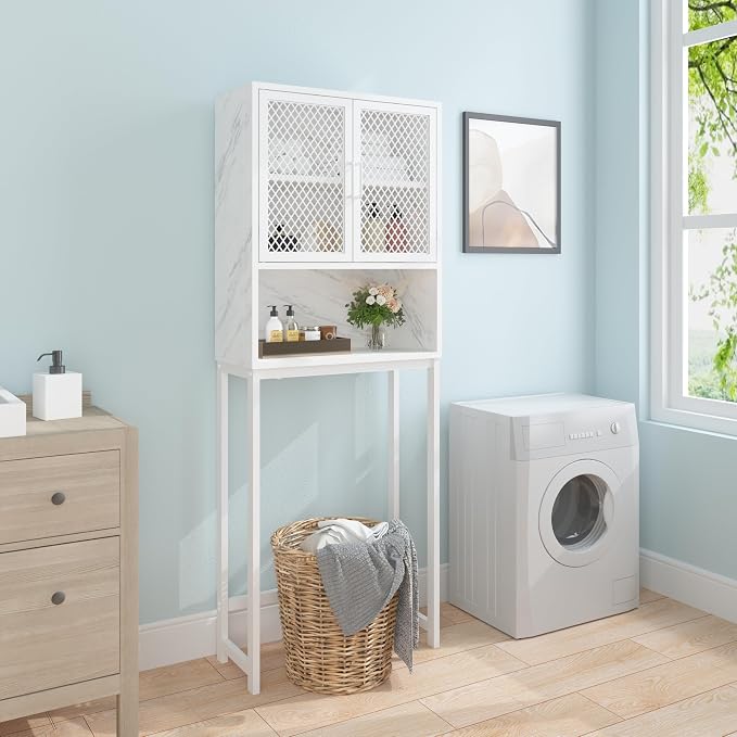 Launica Over the Toilet Storage Cabinet, Over Toilet Bathroom Organizer with Mesh Doors and Shelves, Freestanding Bathroom Storage Cabinet Above Toilet, Wood and Marble, White Marble