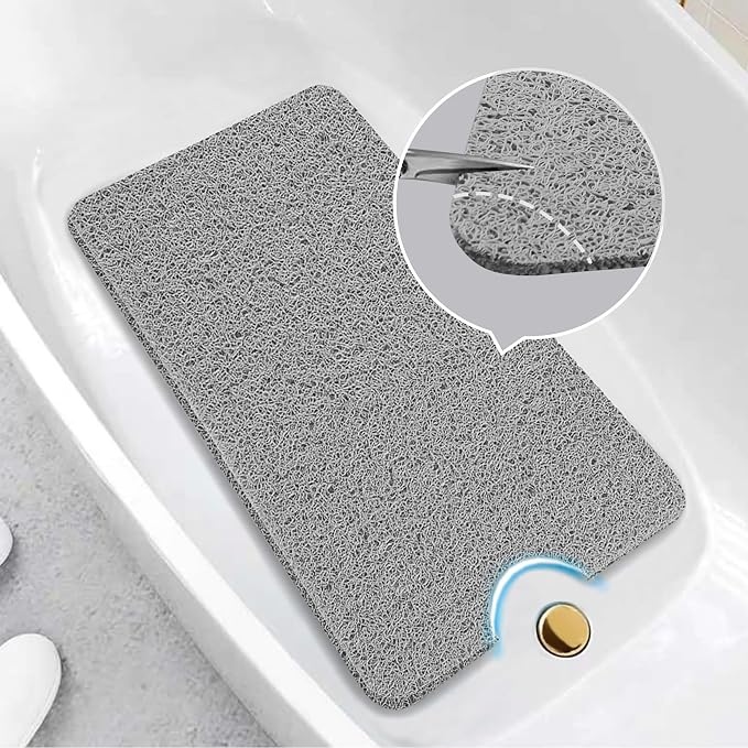 Asvin Soft Textured Bath, Shower, Tub Mat, 24x16 Inch Rectangular, Phthalate Free, Non Slip Comfort Bathtub Mats with Drain, PVC Loofah Bathroom Mat for Wet Areas, Quick Drying, Grey