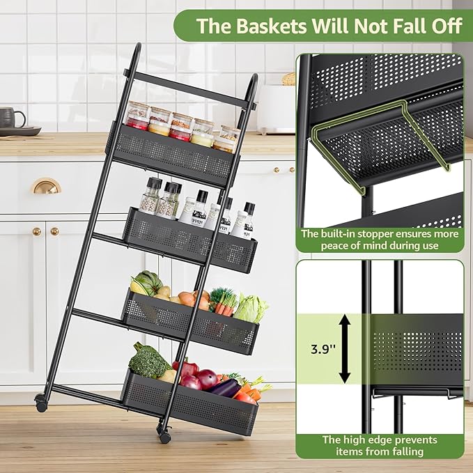 KINGRACK Slim Storage Cart with Drawer, 5-Tier Rolling Utility Cart on Wheels, Narrow Metal Cart for Space Save, Easy Assembly for Kitchen Cart, Craft Cart, Laundry, Bathroom, Nursery Organizer