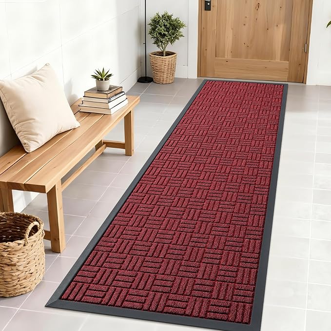 OLANLY Front Door Mat Outside Entrance 71x23, Absorbent, Heavy Duty Sturdy Natural Rubber Doormat Indoor Outdoor, Non-Slip, Stain and Fade Resistant, Low Profile Floor Mat for Entryway, Black Red