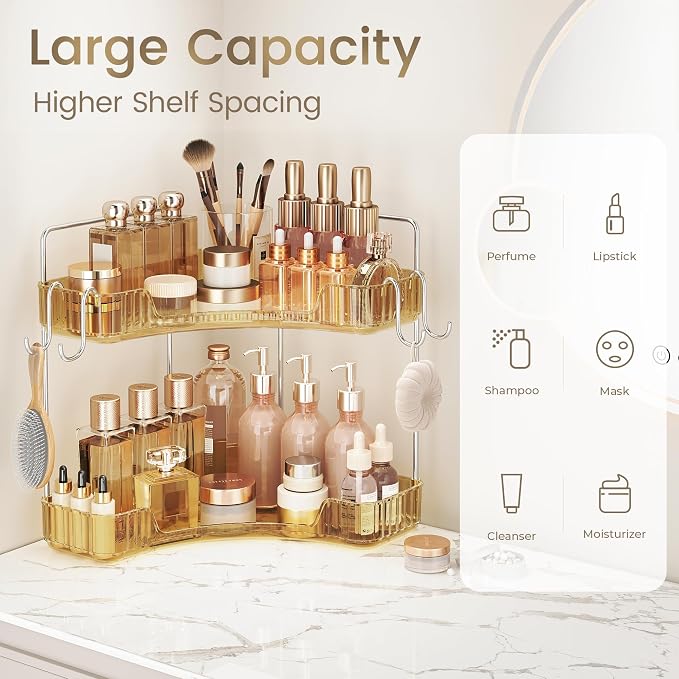 Golden Corner Counter Organizer, 2 - Tier Bathroom & Kitchen Storage Tray with Hooks | PET Vanity Organizer for Skincare, Makeup & Jewelry