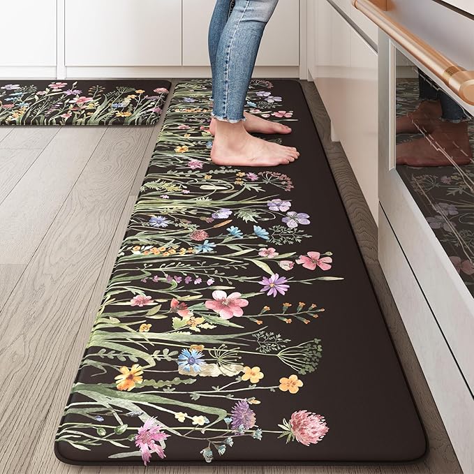 KIMODE Kitchen Mats Cushioned Anti Fatigue, Black Farmhouse Kitchen Rugs Sets of 2, Padded Kitchen Floor Mats, Non Slip Standing Mat for Sink, Laundry, Office, Desk 17"x59"+17"x29"