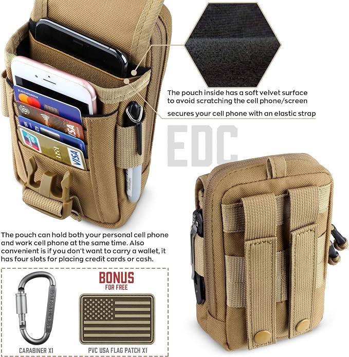 WYNEX Tactical Compass Phone Pouch, Large Molle Smartphone Holster Case Double Capacity Small Utility EDC Pouch with Compass Buckle and Carabiner
