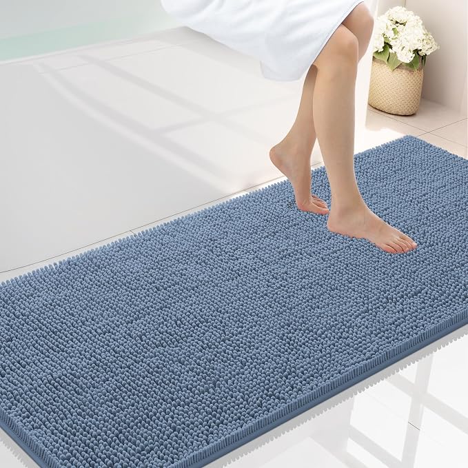 Smiry Luxury Chenille Bathroom Rugs 59x24, Extra Soft and Absorbent Shaggy Bath Mat, Machine Washable, Non-Slip Plush Carpet Runner for Tub, Shower, and Floor, Home Decor Accessories, Grayish Blue