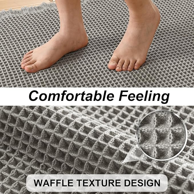 JIUZHEN Set of 2 Waffle Bath Mats Super Absorbent Boho Bath Rugs Non Slip Washable Bathroom Rugs Ultra Soft Machine Washable Shower Mats for Bathroom Floor, Tub, 16" x 24" +24" x 36", Grey