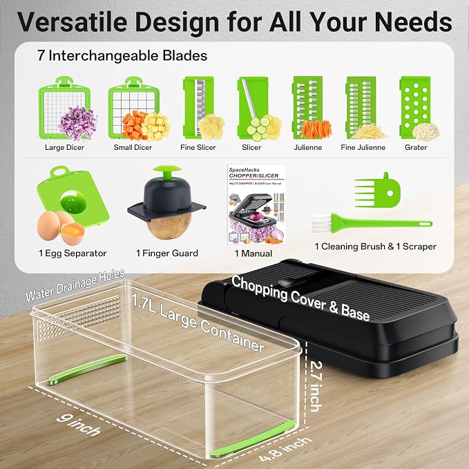 SpaceHacks 12-in-1 Vegetable Chopper, Kitchen Gadgets with 7 Blades, Veggie, Food, Onion Chopper, Cucumber Slicer, Versatile Mandoline, Includes Egg Separator & Finger Guard, Green