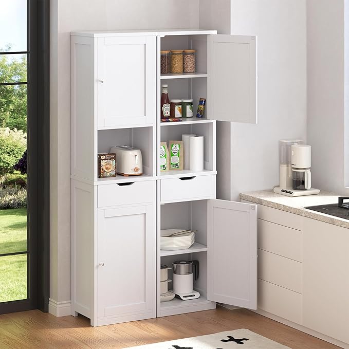 Vongrasig Tall Bathroom Storage Cabinet, 64”H Narrow Storage Unit for Small Spaces, Freestanding Modern Cabinet with Adjustable Shelves for Bathroom, Living Room, Kitchen, White