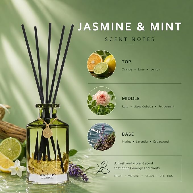 Airkeep Reed Diffuser Set,Jasmine Mint Luxury Scented Diffuser with Sticks Long Lasting Home Fragrance for Bathroom Shelf Decor 6.09 fl oz (180ml)