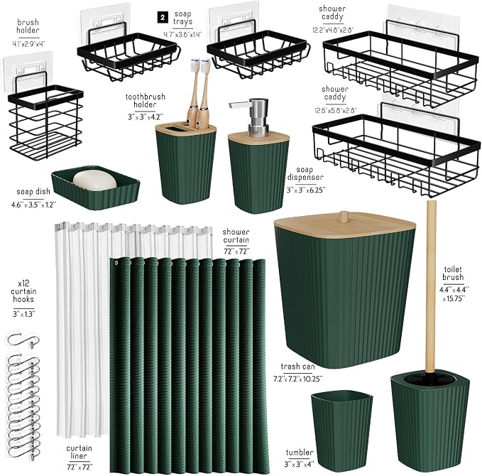 Clara Clark Bathroom Accessories Set - Bathroom Set with Adhesive Corner Shower Caddy Hanging, 25PC Bathroom Accessory Set, Hunter Green Shower Curtain Set, Toilet Brush, Trash Can & Soap Dispenser