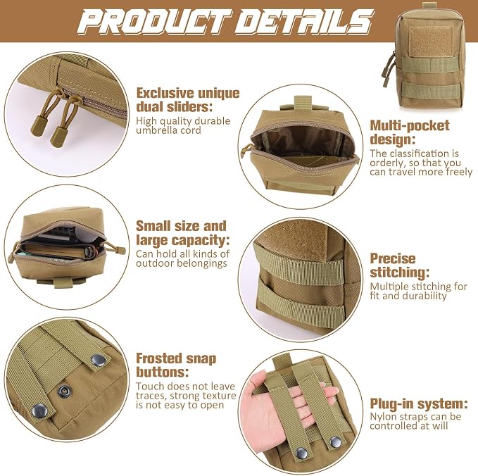8 Pcs Molle Pouches Tactical Molle Pouch Vest Pouch Cell Phone Belt Pouch Waterproof Waist Bag Pack Utility EDC Pouch Bag Compact Accessories Gadget Pocket Organizer