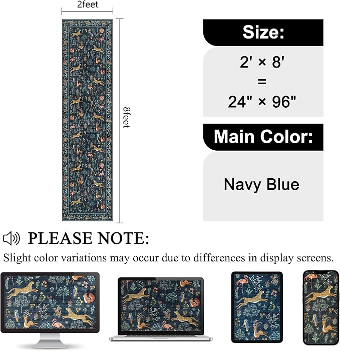 DUKINO Runner Rug, 2x8 Washable Kitchen Rugs for Hallways with Non Slip Backing, Soft Low Pile Vintage Animal Runner for Kitchen, Hallway, Entryway, Laundry, Bedroom, Navy Blue