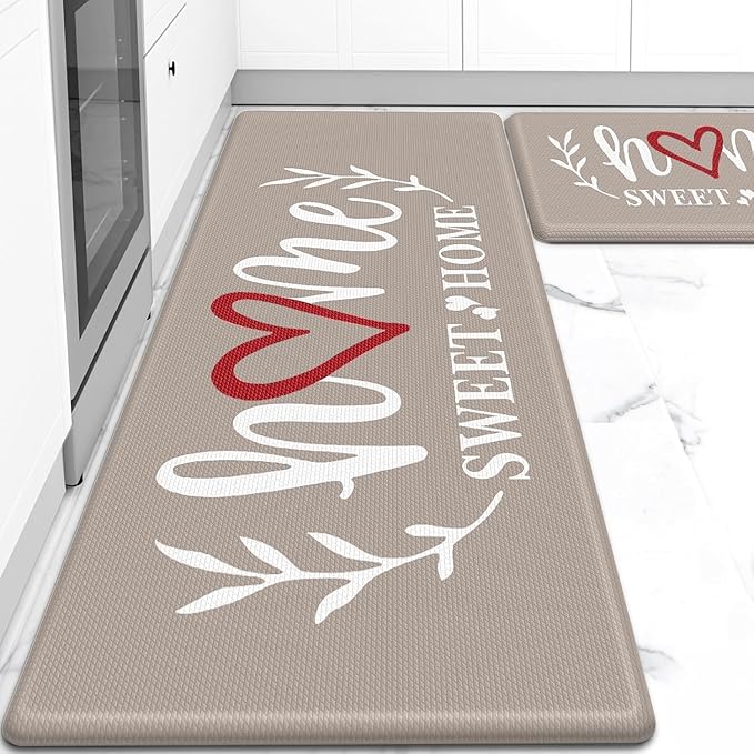 HappyTrends Kitchen Mat for Floor, 2PCS Cushioned Anti-Fatigue Kitchen Rugs, Waterproof Non-Slip Standing Mats and Rugs Set for Kitchen, Office, Laundry, Khaki, 17.3"×30"+17.3"×47"