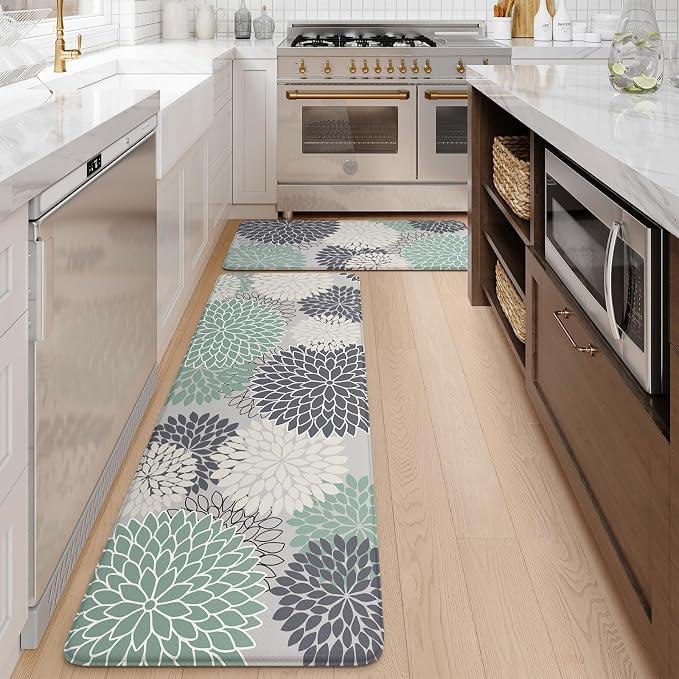KIMODE Cushioned Anti Fatigue Rugs Sets of 2, Ergonomic Standing Kitchen Mat 2PCS, Boho Kitchen Mats for Floor Stain Resistant, Non Slip Kitchen Sink Rug Waterproof, 20"x32"+20"x47", Teal