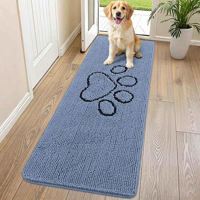 Smiry Dog Door Mat for Muddy Paws, Absorbent Dirt Trapper Non Slip Quick Dry Washable Chenille Mat for Mud Dogs, Entry Rug for Indoor and Outdoor (70x24 Inches, Airy Blue and Black)