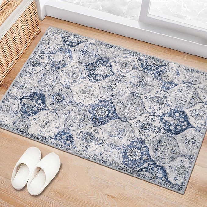 Lahome Moroccan Trellis Washable Rug, 2x3 Kitchen Rugs for Entryway Bathroom, Non-Slip Indoor Door Mat Ultra-Thin, Small Oriental Throw Carpet for Bedroom Entry Elise, White/Royal Blue