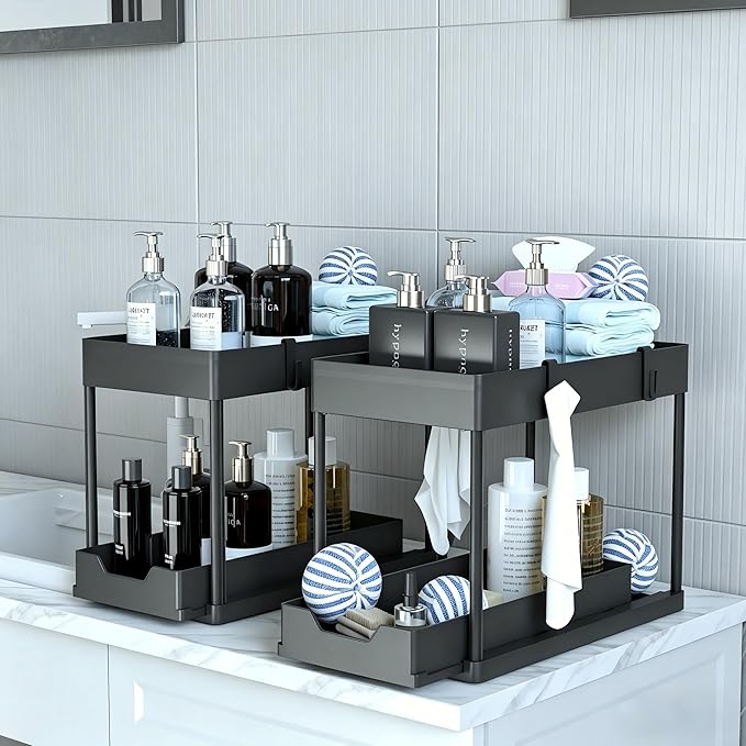 DEKAVA Under Sink Organizer 2 Pack, Bathroom Cabinet Organizer, 2 Tier Sliding Cabinet Basket Organizer Drawer, Multi-Purpose Bath Collection Baskets for Bathroom (Black)