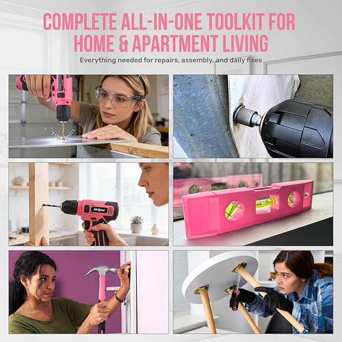 Hi-Spec 8V Cordless Drill Set & Tool Kit for Women – Ladies Complete Rechargeable Electric Power Drill Driver with Starter Tools, Compact Hand Toolbox, Pink, Ideal for Home Projects