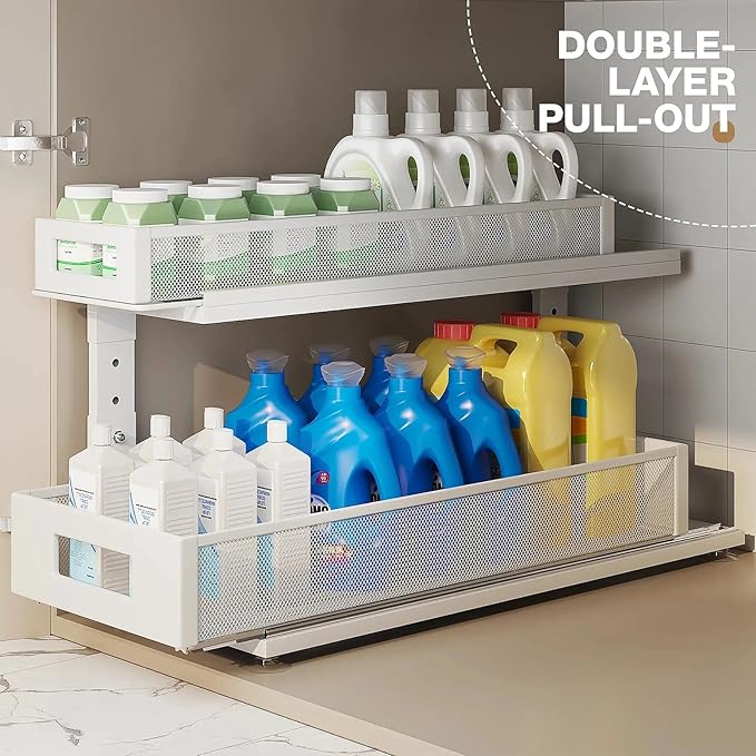 2 Pack 21.3IN-Depth Under Sink Organizer With Next-Gen Ball-Bearing Slides,2-Tier Pull Out Cabinet Storage,Height Adjustable Drawer Shelf for Bathroom,Kitchen,Laundry,Cabinet,Pantry-White