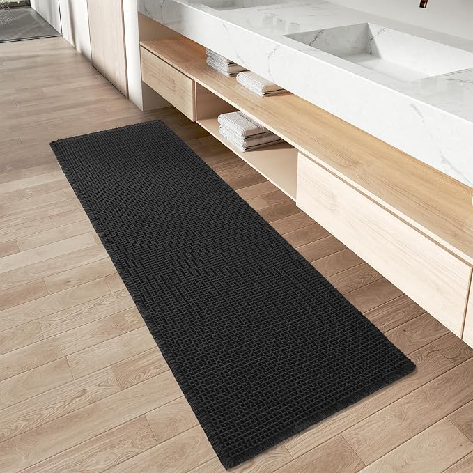 AMOAMI Upgraded Waffle Runner Rug, Super Absorbent Non Slip Bath Mats for Bathroom Floor, Washable Bathroom Runner Rug with Tassels, Ideal for Hallway Bedroom Laundry Room, Black, 2'x 4'(24" x 48")