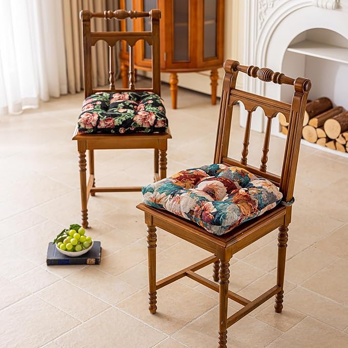 vctops Farmhouse Floral Print Chair Cushions with Ties U-Shaped Soft Comfortable Chair Pads Non Slip Seat Cushions for Indoor Dining Room and Kitchen Chairs (Flower F,16"x16")