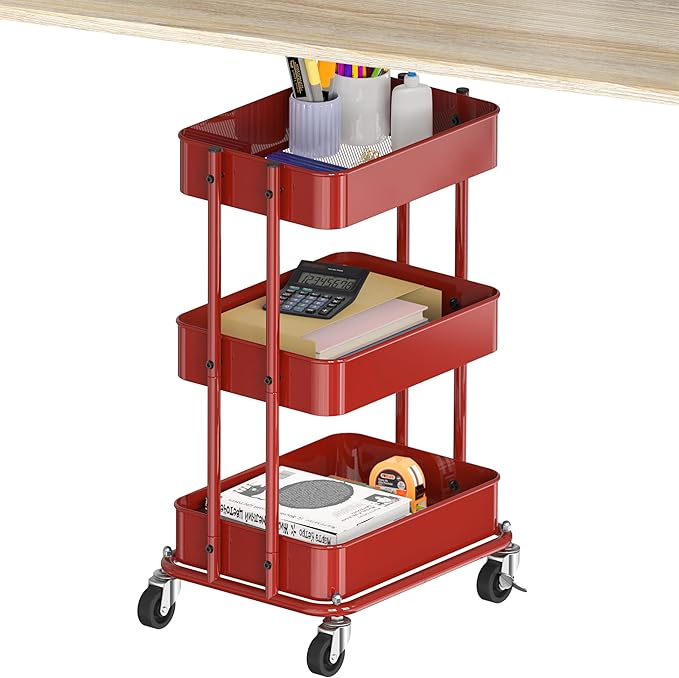 Simple Houseware 3-Tier Compact Utility Rolling Cart, Low 24” Height Fits Under Desk, Space-Saving Storage for Home Office, Dining Room, or Kitchen, Red