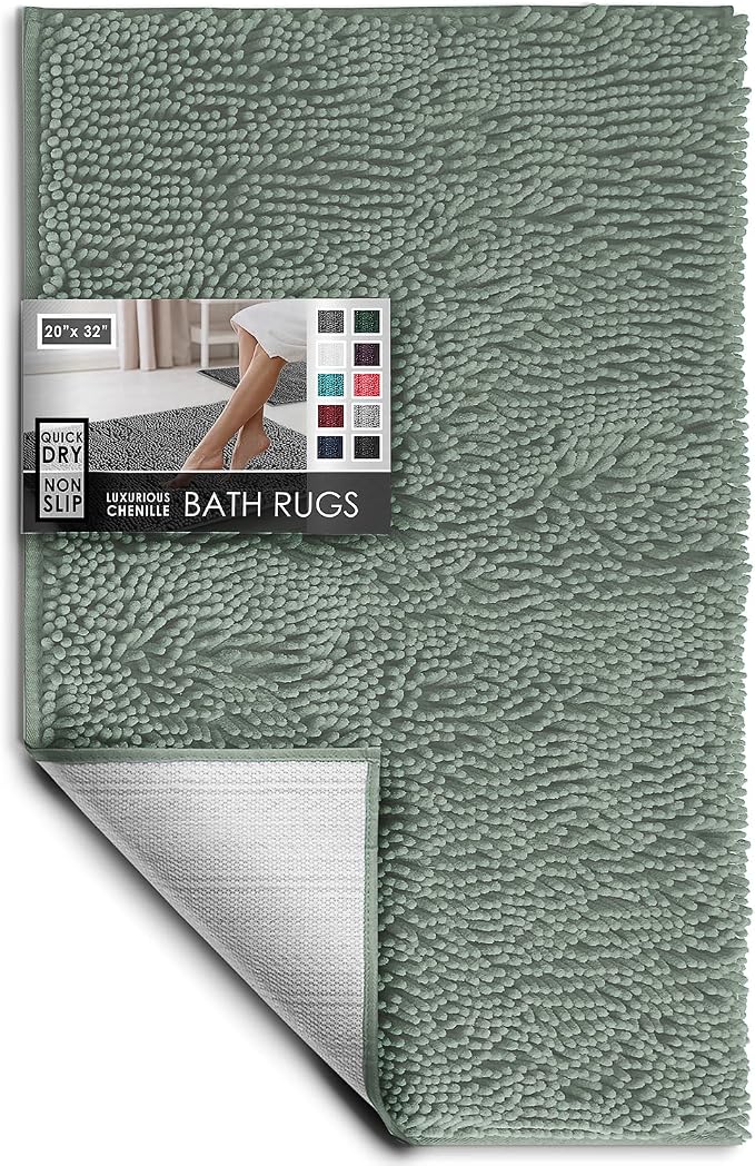 Hearth & Harbor Bathroom Rugs, Chenille Bath Mat - Machine Washable Bath Mats for Bathroom Non-Slip Backing Rubber, Quick Dry Bathroom Mat, 20 x 32 - Ice Green