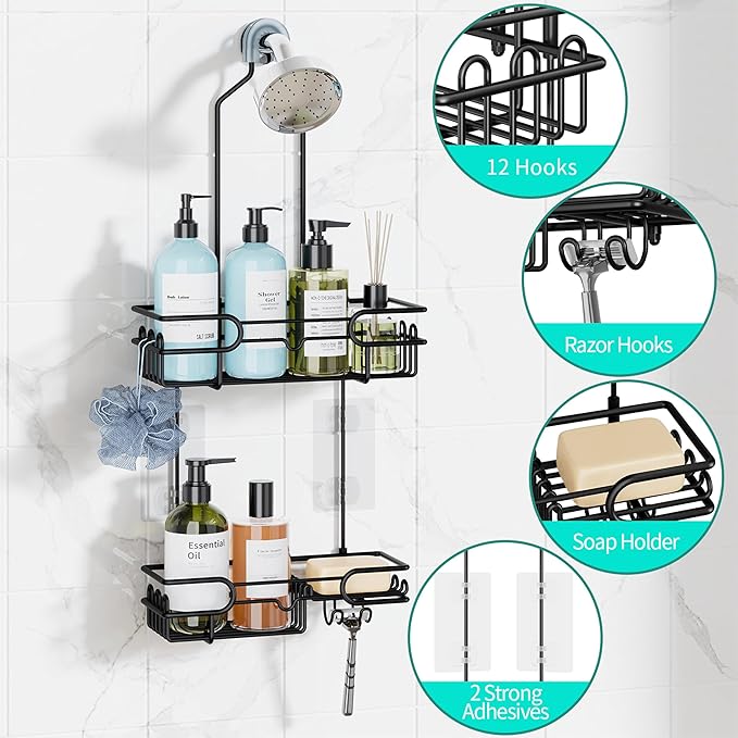 HapiRm Hanging Shower Caddy Organizer - Bathroom Organizer with 12 Hooks and Soap Holder, Rustproof Shower Shelf over Shower Head - Black