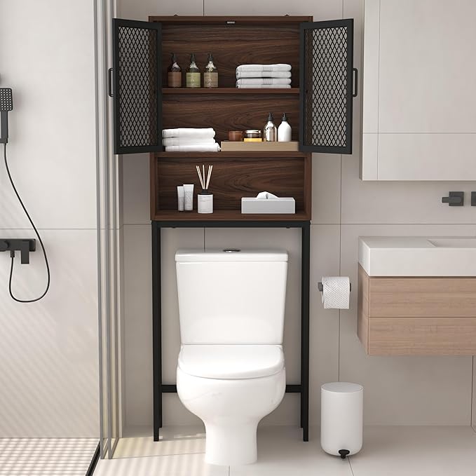 Launica Over the Toilet Storage Cabinet, Over Toilet Bathroom Organizer with Mesh Doors and Shelves, Freestanding Bathroom Storage Cabinet Above Toilet, Wood and Metal, Walnut