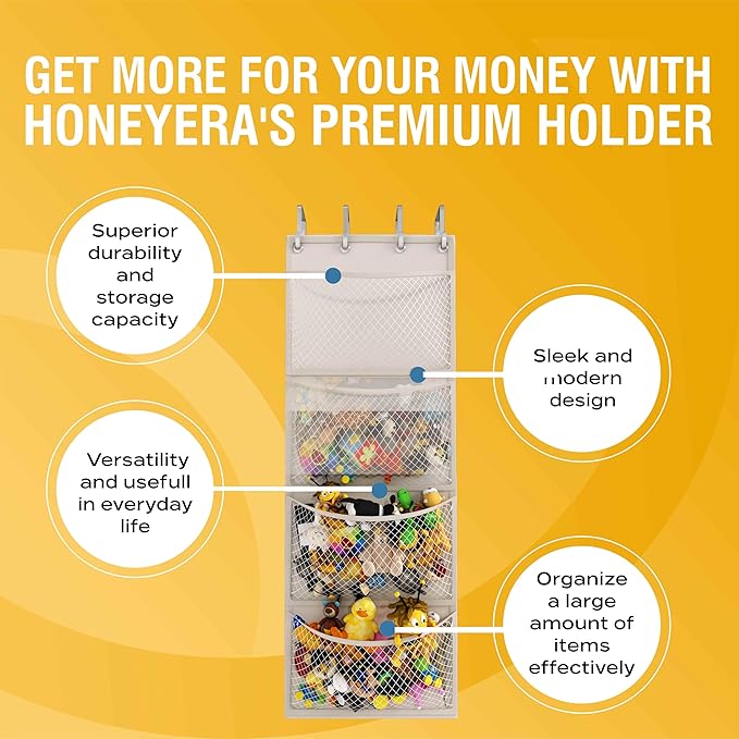 Honeyera The Original Storage for Stuffed Animals, Over Door Organizer for Stuffies, Baby Accessories, Toy Plush, Breathable Hanging Pockets Big Girls Toddler Large Bag
