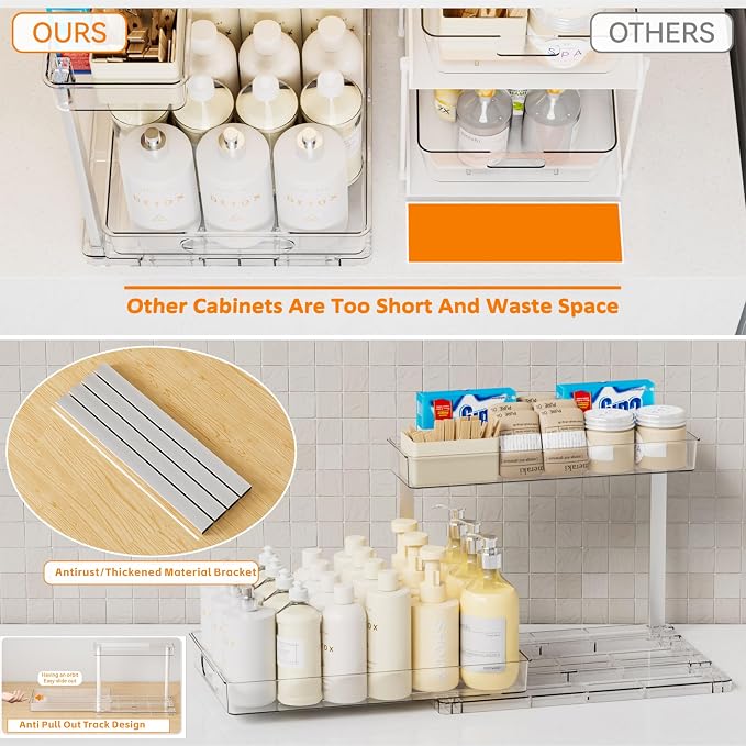 Yieach 2 Pack 14.6″ Deep Pull Out Under Sink Organizer,10.8″ High 2 Tier Slide Out Cabinet Organizer for Kitchen Cabinet,Undersink Organizers,Under Sink Shelves,Bathroom Organizers and Storage,Clear